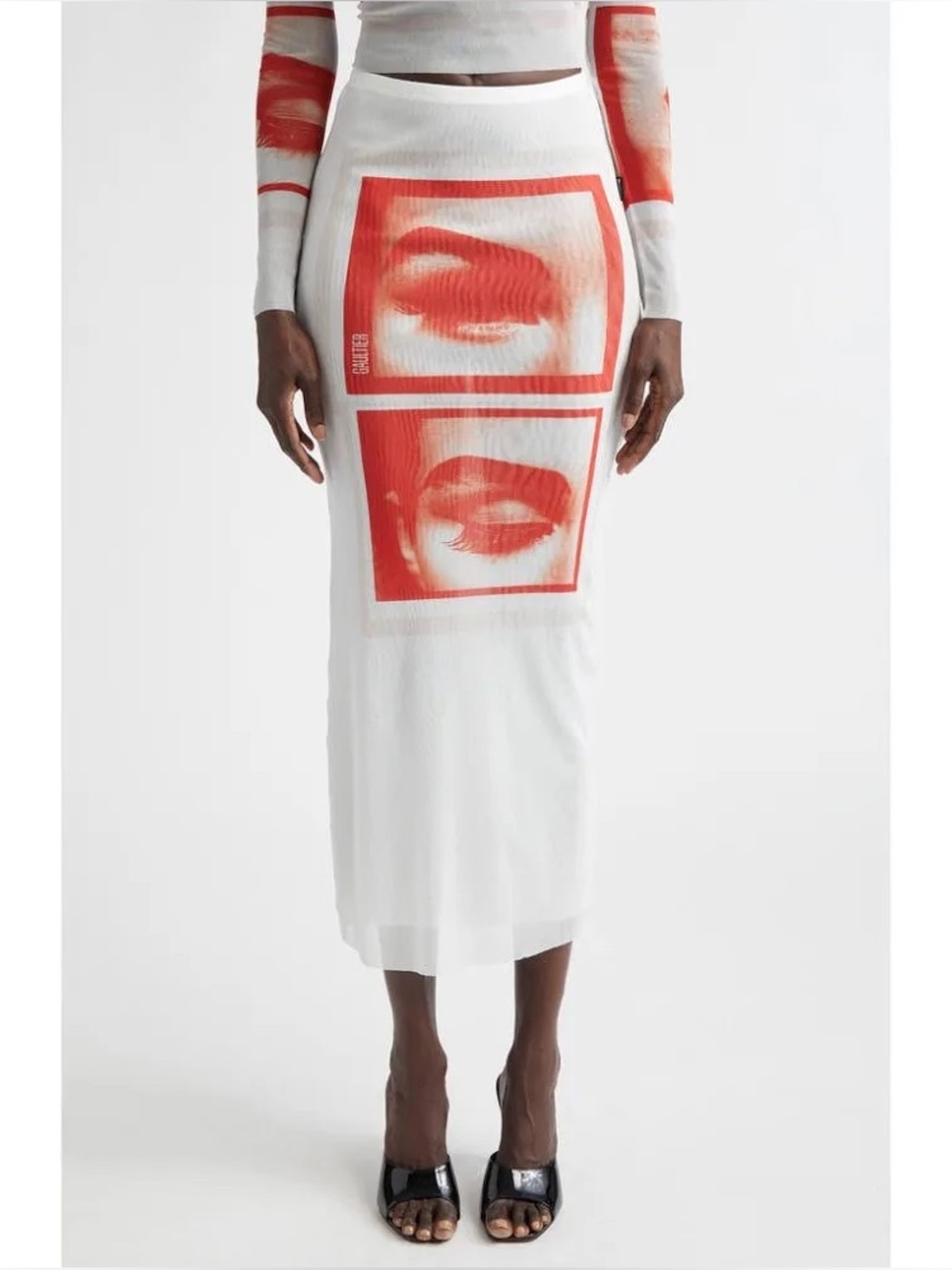 Jean Paul Gaultier Re-Edition Eyes & Lips Print Mesh Maxi Skirt White S $500 - Picture 7 of 13